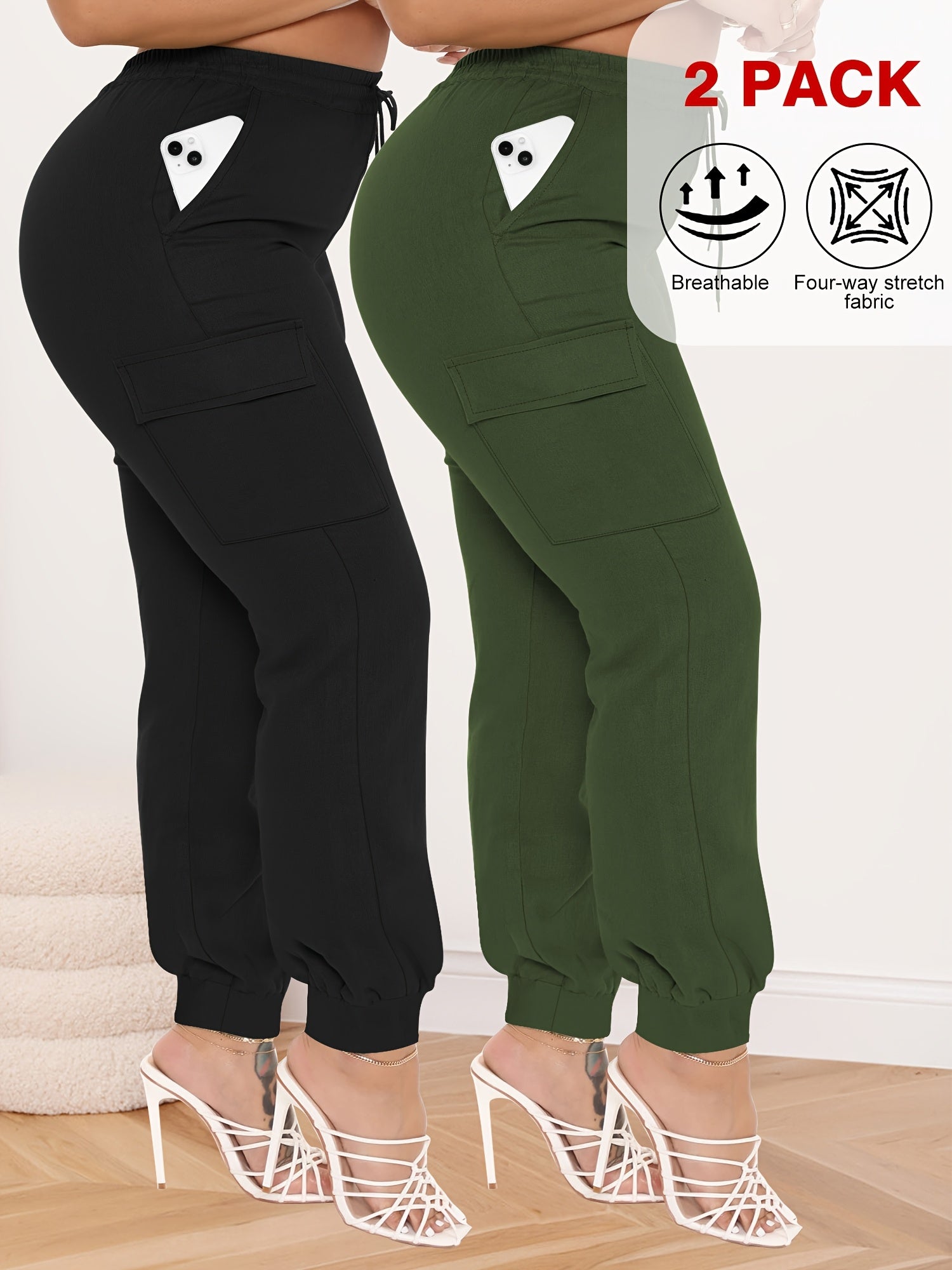 Women's Plus Size High-Waisted Cargo Pants Stretchy Comfortable Drawstring