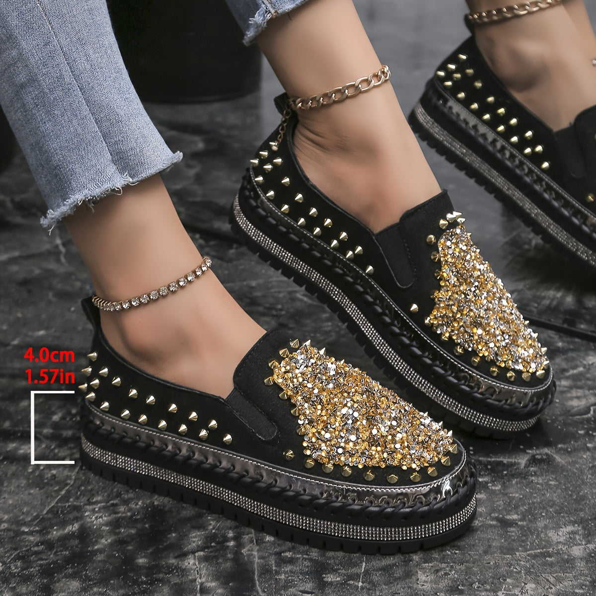 Ayollar uchun kundalik sport poyabzali, rhinestones bilan, engil slip-on loaferlar