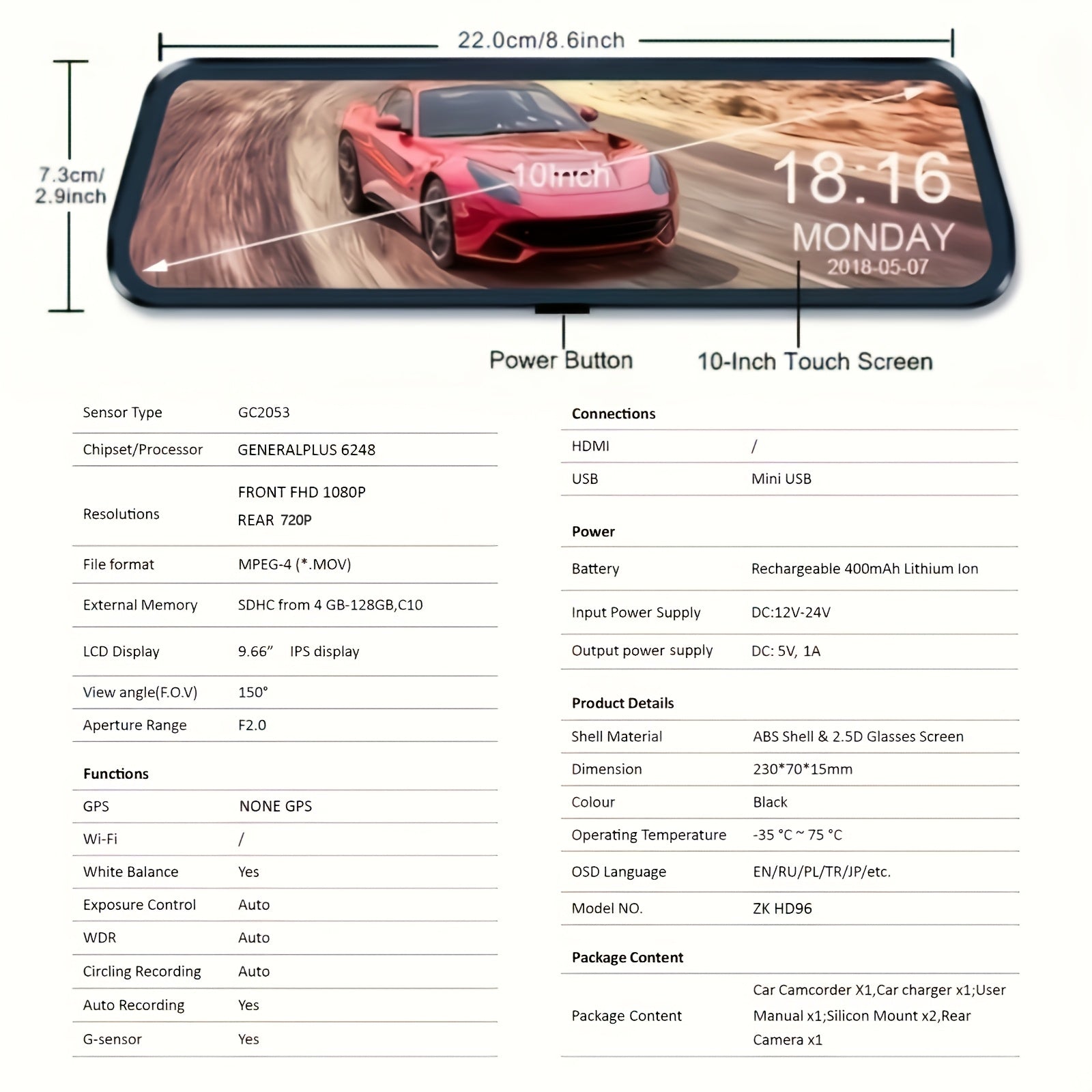 1080P Front and 720P Rear Camera Mirror Dash Cam Touch Screen Magnetic Mount Rechargeable Battery