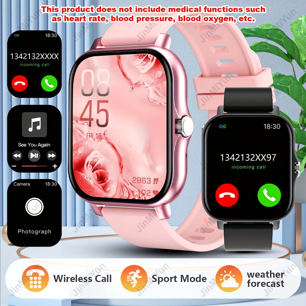 Full-Screen Touch Sports Smartwatch Pink Black 4.65cm Wireless 5.0 Multi-Sport
