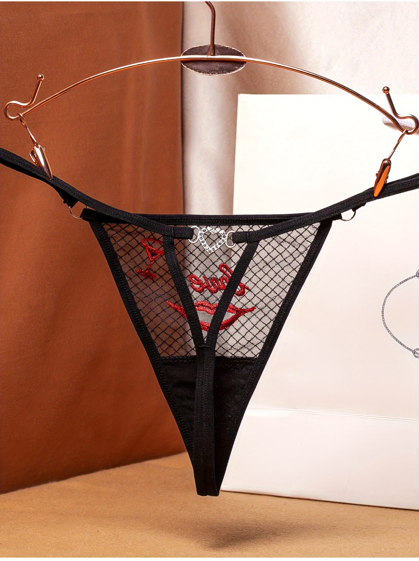 Women’s Mesh Plaid Thong Panties with Love Heart Embroidery and Rhinestones