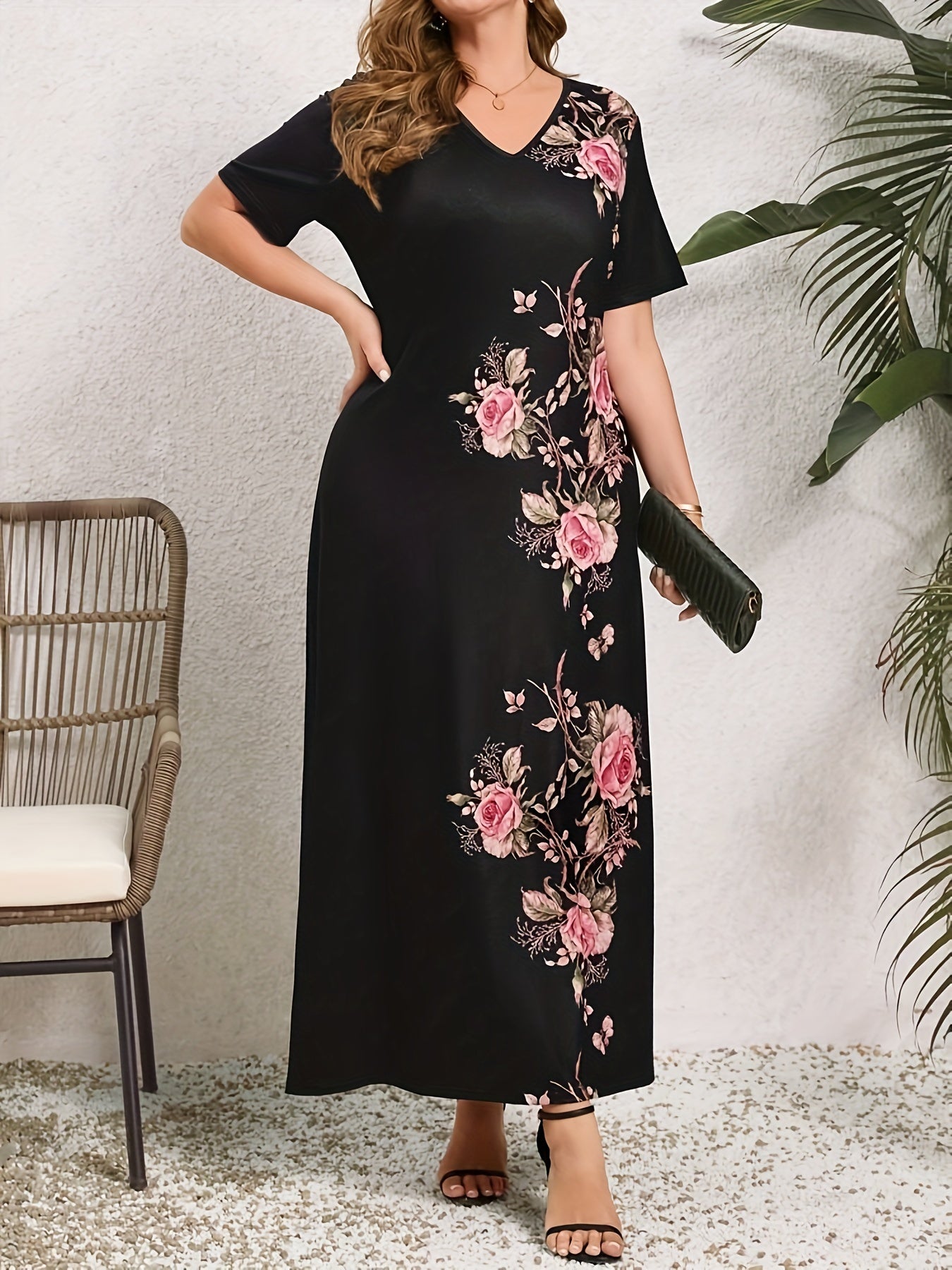 Plus Size Floral Print Slim Dress V-Neck Short Sleeve for Spring Summer Vacation