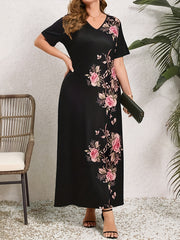 Plus Size Floral Print Slim Dress V-Neck Short Sleeve for Spring Summer Vacation