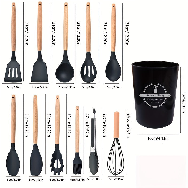 12-Piece Silicone and Wooden Handle Kitchen Utensil Set Heat-Resistant Cookware