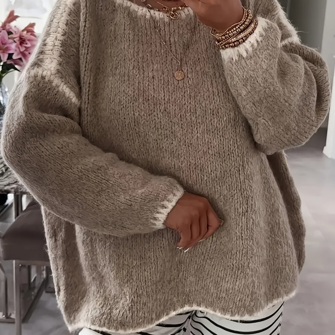 Plus Size Women's Beige Sweater Long Sleeve Fall Winter Casual Formal Knitwear