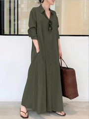 Women's Solid Color Button Front Shirt Dress with Long Sleeves Maxi Style for Spring and Fall