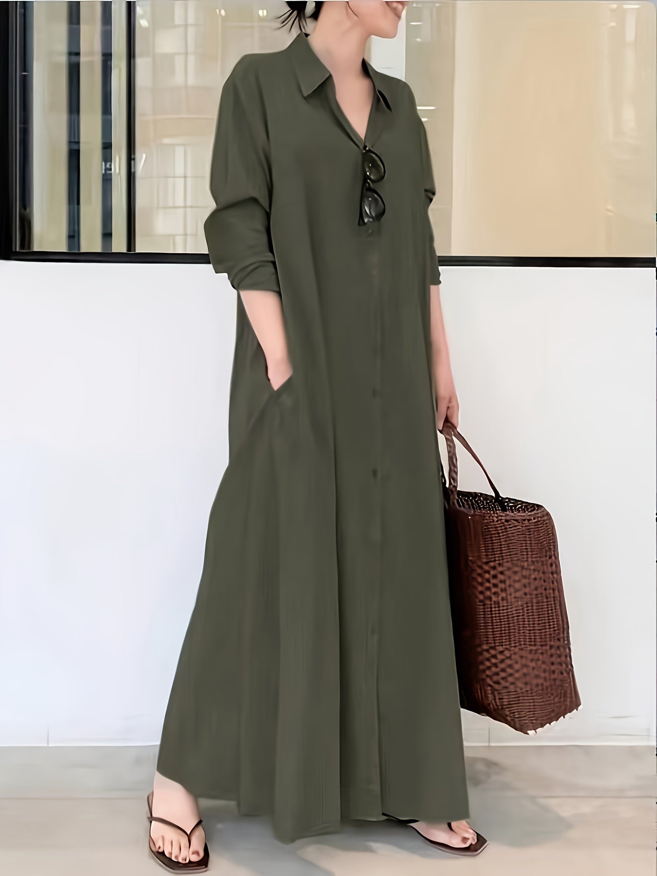 Women's Solid Color Button Front Shirt Dress with Long Sleeves Maxi Style for Spring and Fall