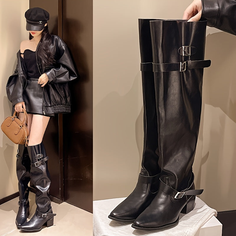 Women's High-Calf Boots Synthetic Slip-On Chunky Mid-Heel All-Season Black