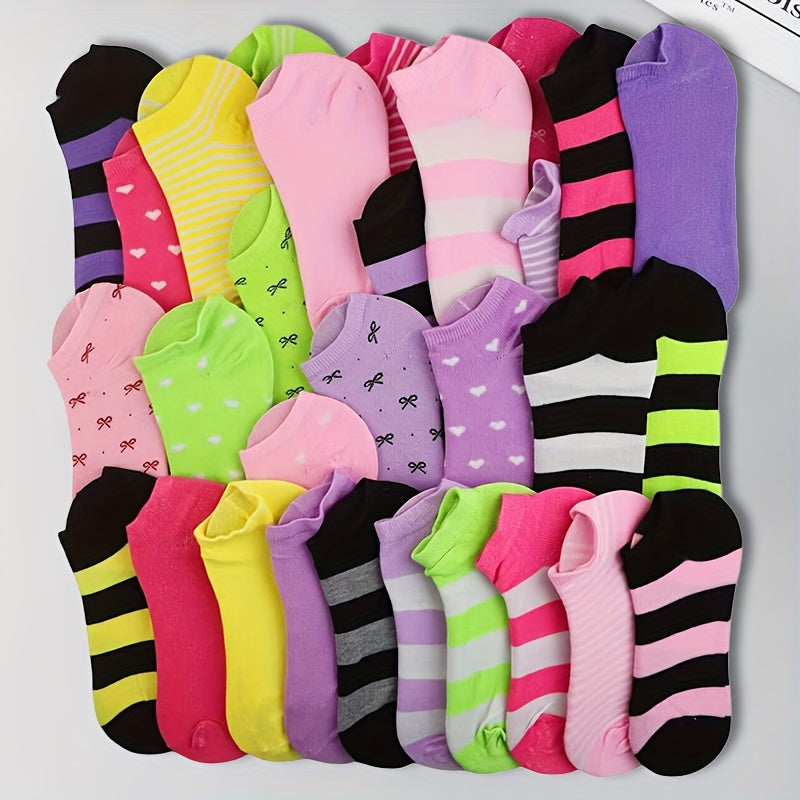 20 Pairs Women's Rainbow Low-Cut Socks with Heart Bow Stripe Prints 100% Polyester