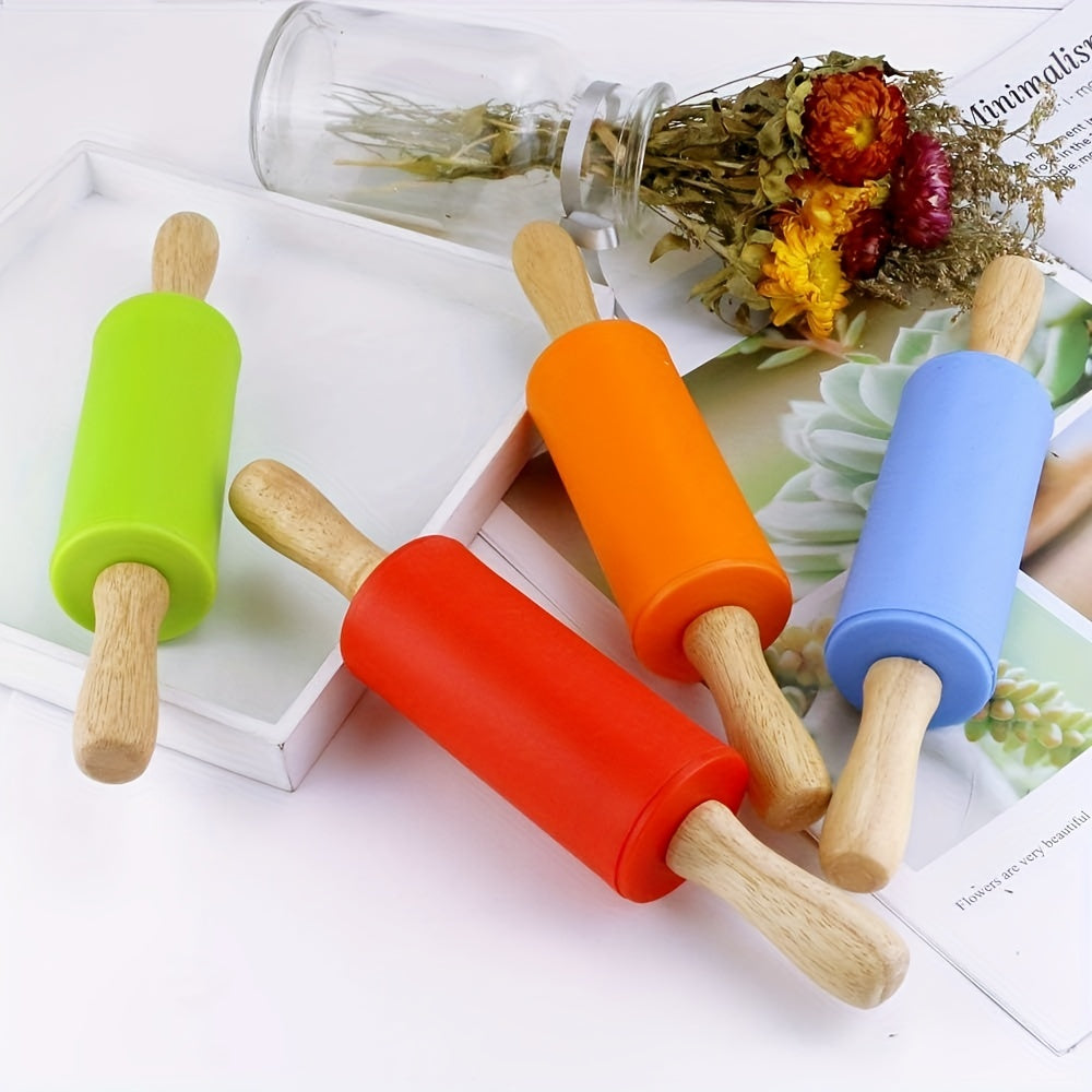 Small Kids Rolling Pin with Wooden Handle and Non-Stick Silicone Dough Roller