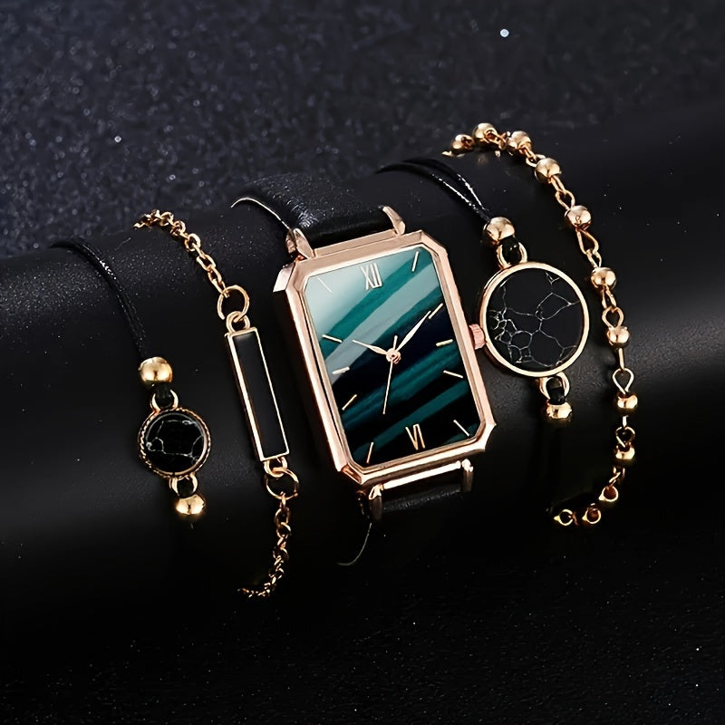 5 ta ayollar uchun kundalik to'rtburchakli kvarts soatlar to'plami, charm taqilgan va bilaguzuklar bilan