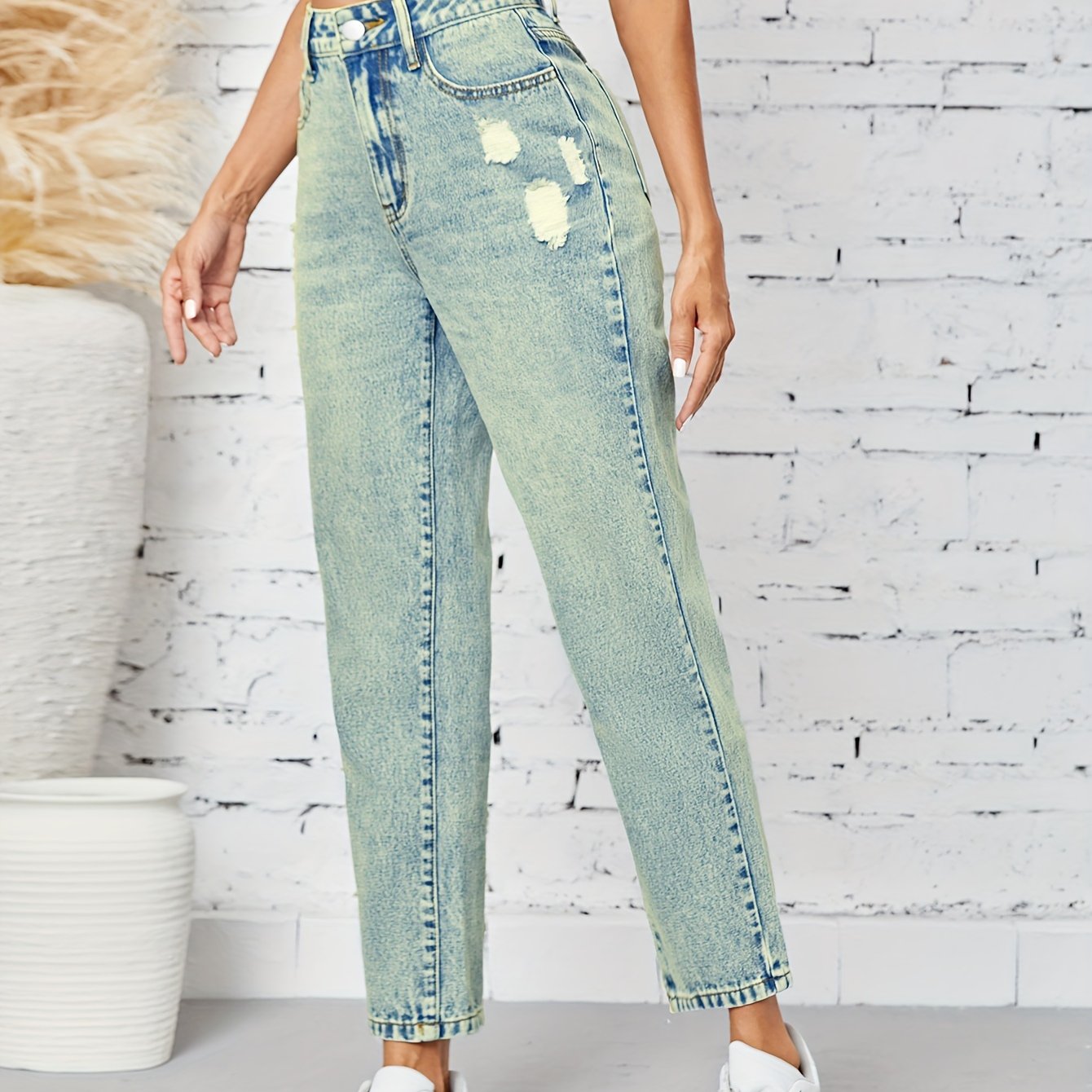 Women's Ripped High-Waisted Denim Jeans Grey Black Stretch Straight Leg Casual