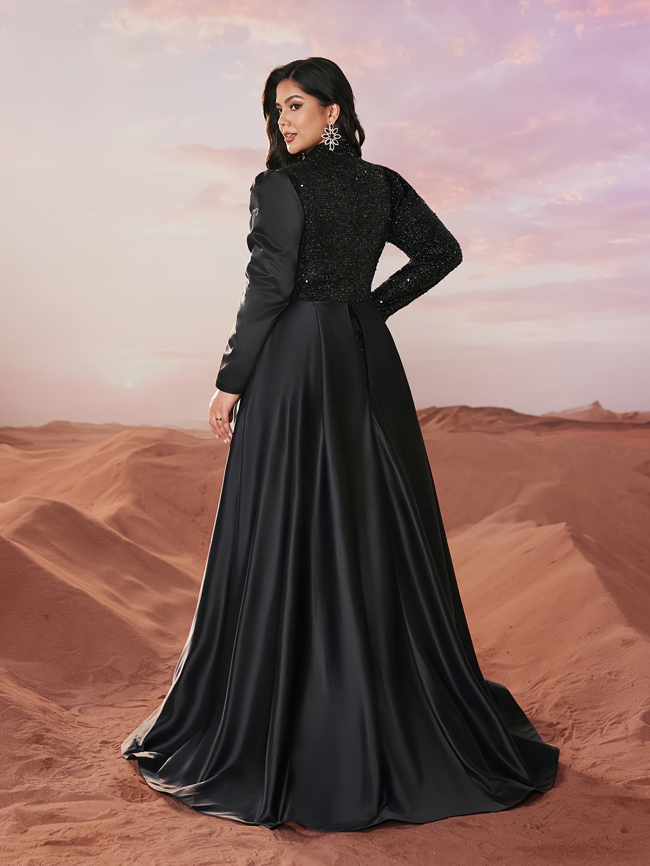 Plus Size Black Sequin Gown Satin Pleats Formal Dress for Weddings Prom