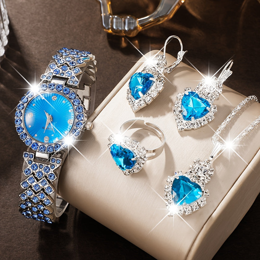 Women's Quartz Watch and Heart-Shaped Gemstone Jewelry Set in Blue Crystal with Zinc Alloy Band