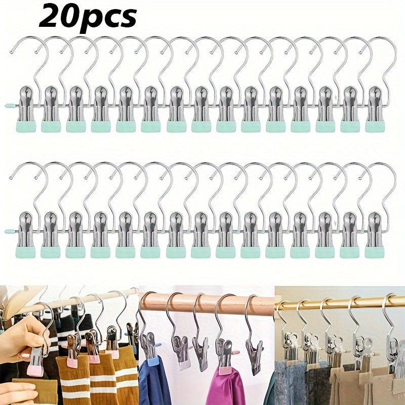 Set of 20 Stainless Steel Multi-Use Clips with Hooks for Laundry and Storage