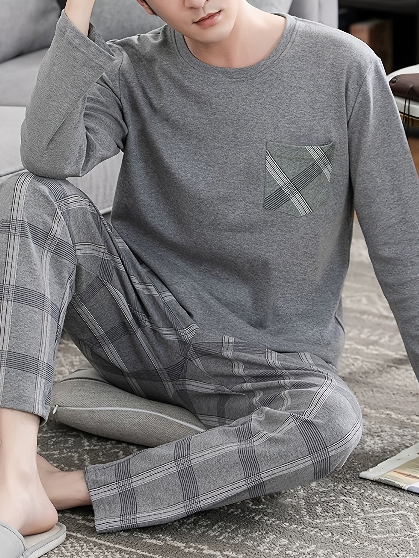 Men's Gray Long Sleeve Pajama Set with Plaid Pants Polyester Machine Washable