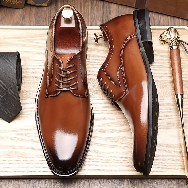 Men's Cowhide Derby Shoes Solid Color Plain Toe Non-Slip Rubber Sole Lace-Up Casual Dress