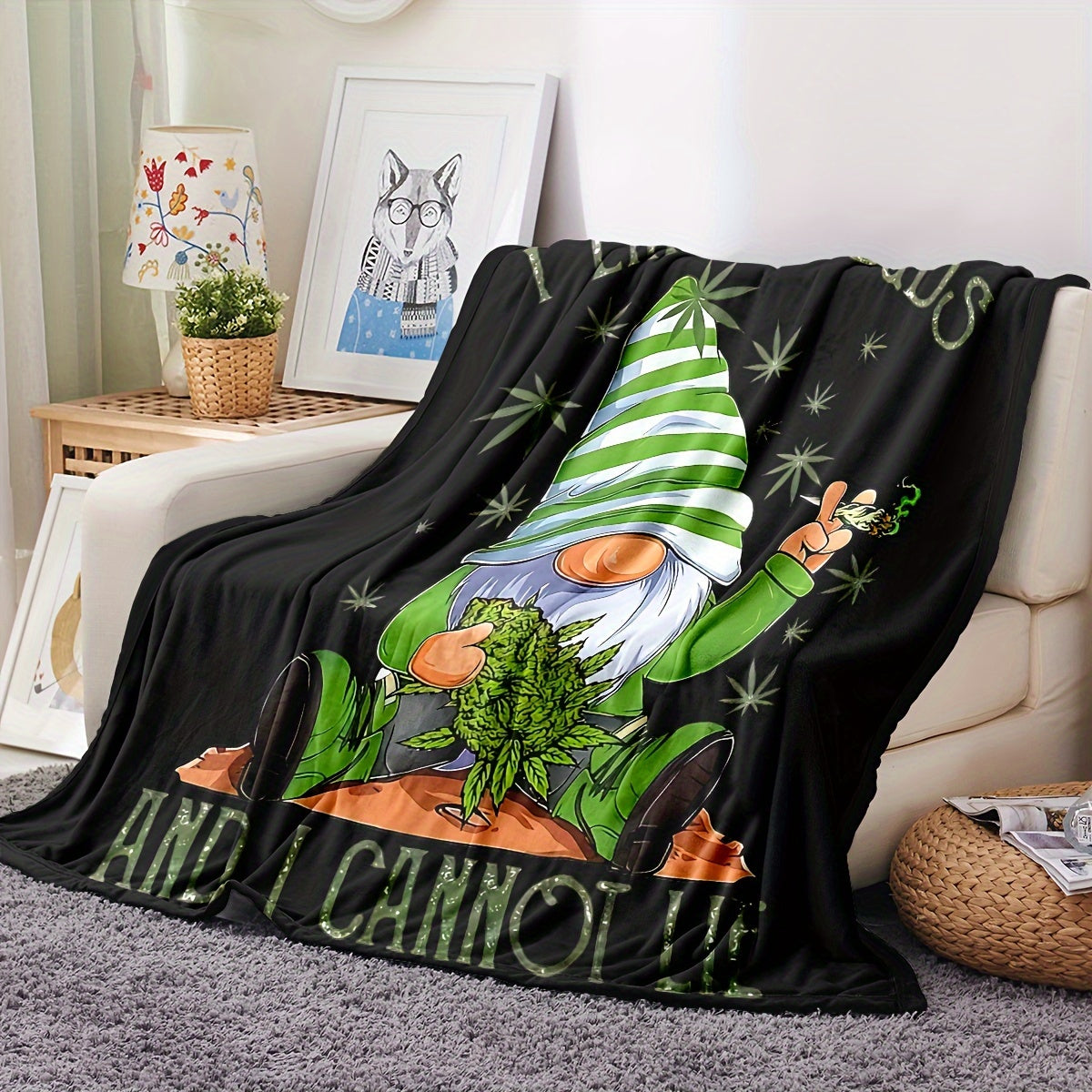 Flannel Throw Blanket Gnome Leaf Design Soft Polyester Knit for Bed Sofa Home Decor
