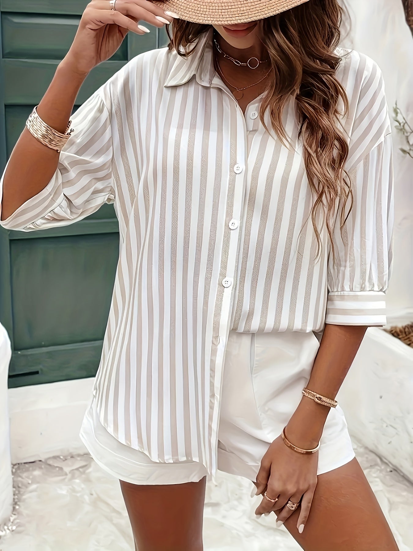Women's Striped Long Sleeve Shirt Blue White Casual Formal Lightweight Breathable