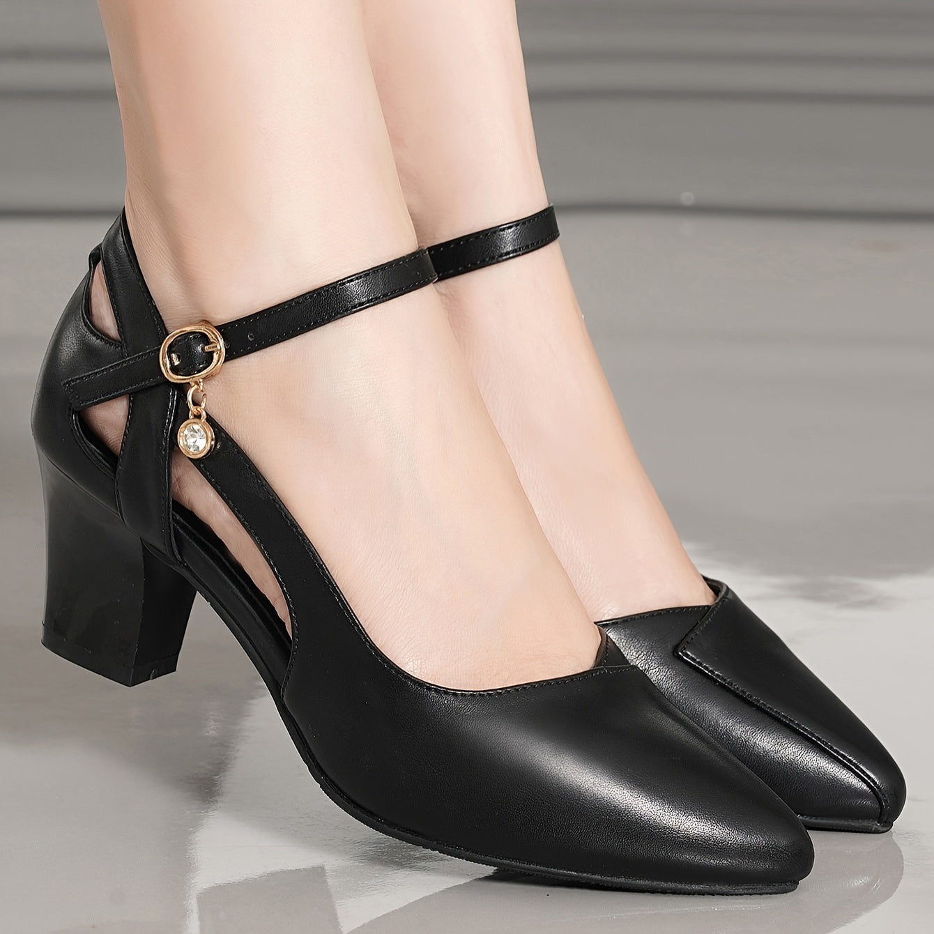 Women's High Heel Pumps with Buckle Strap Pointed Toe Black Floral Embossed