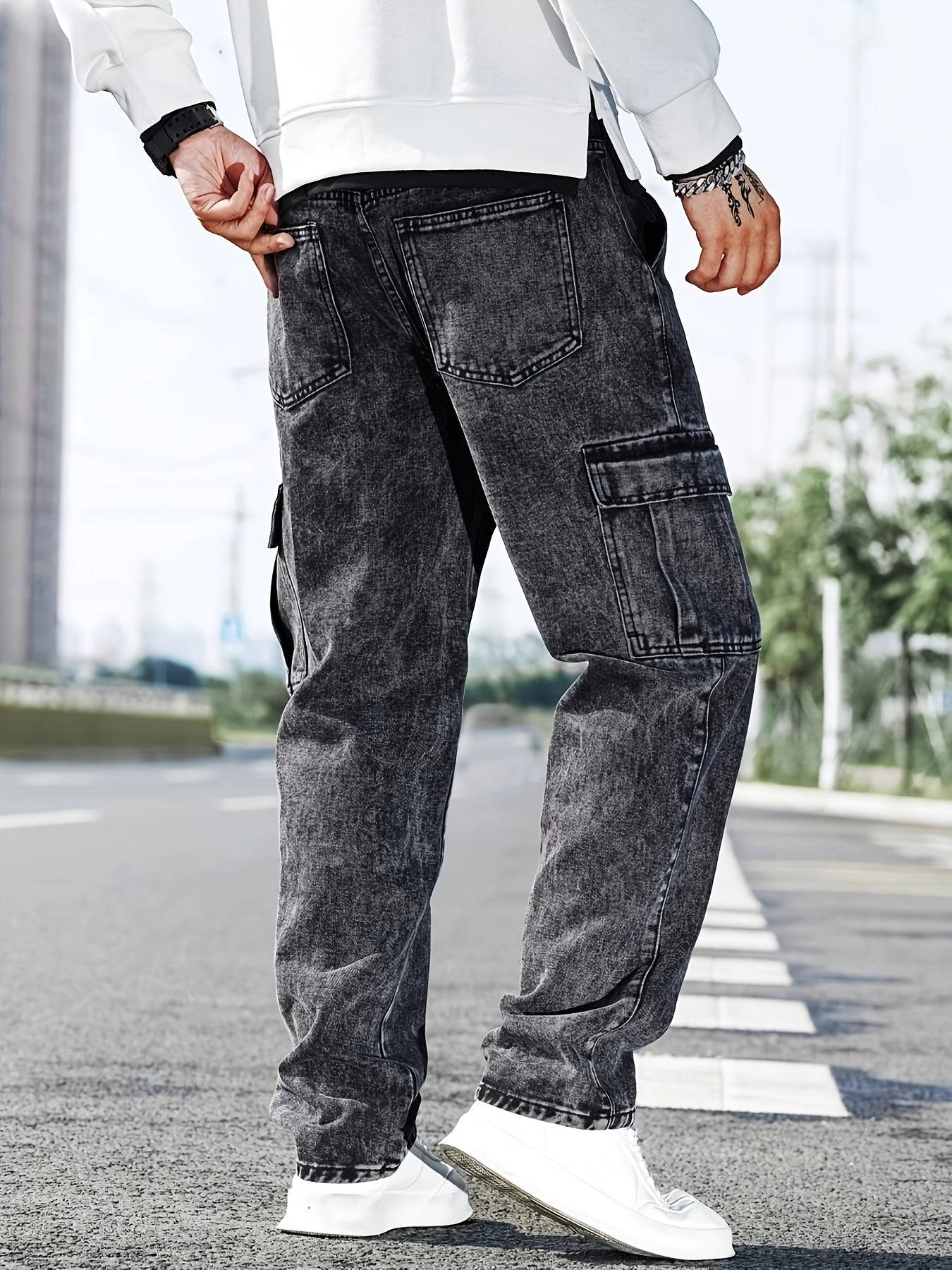 Men's Cargo Jeans Casual Loose Fit with Flap Pockets Durable Cotton Blend All-Season Blue Denim