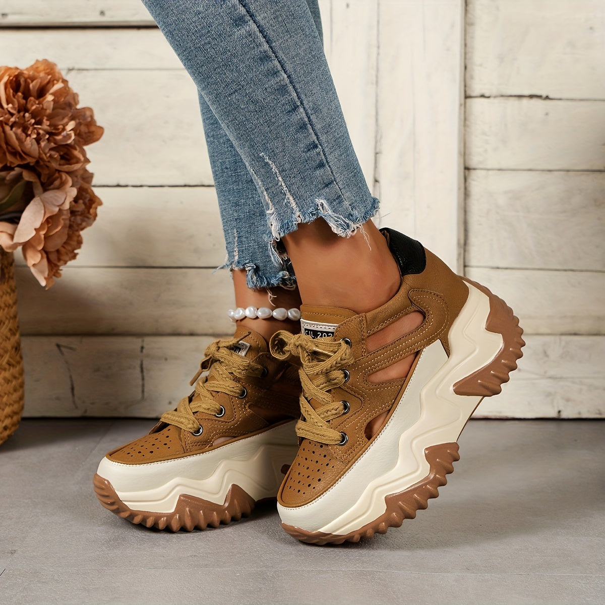 Women's Casual Microfiber Lace-Up Platform Sneakers with High Heel and Strappy Back