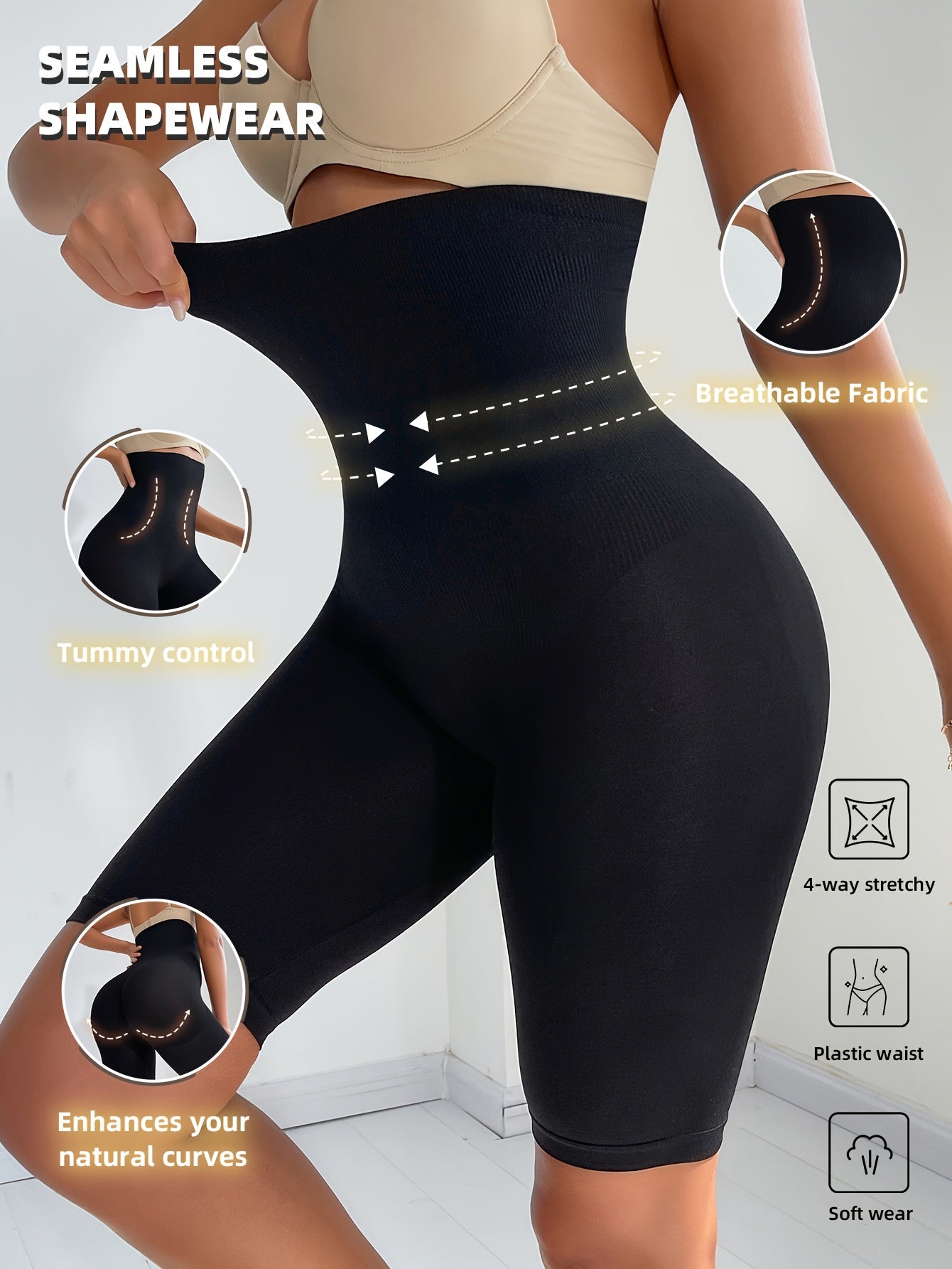 Women High-Waist Thigh Slimmer Shapewear Shorts Solid Color Polyamide Elastane