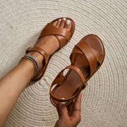 Women's Flat Sandals Faux Cover Open Toe Cross Strap Brown Summer Beach Shoes