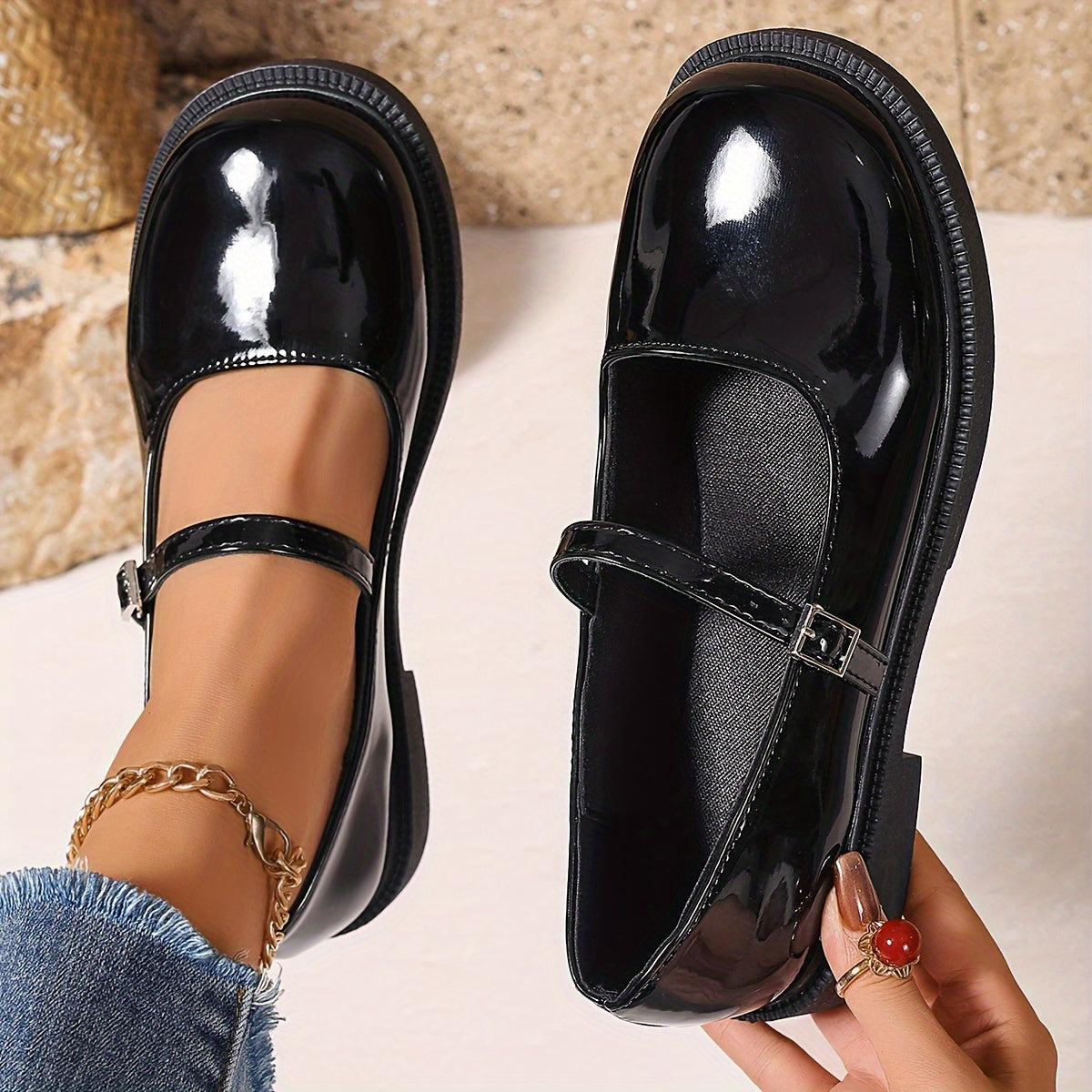 Women's Mary Jane Flat Shoes Faux Leather Solid Color Slip-On Rubber Sole All-Season Comfort