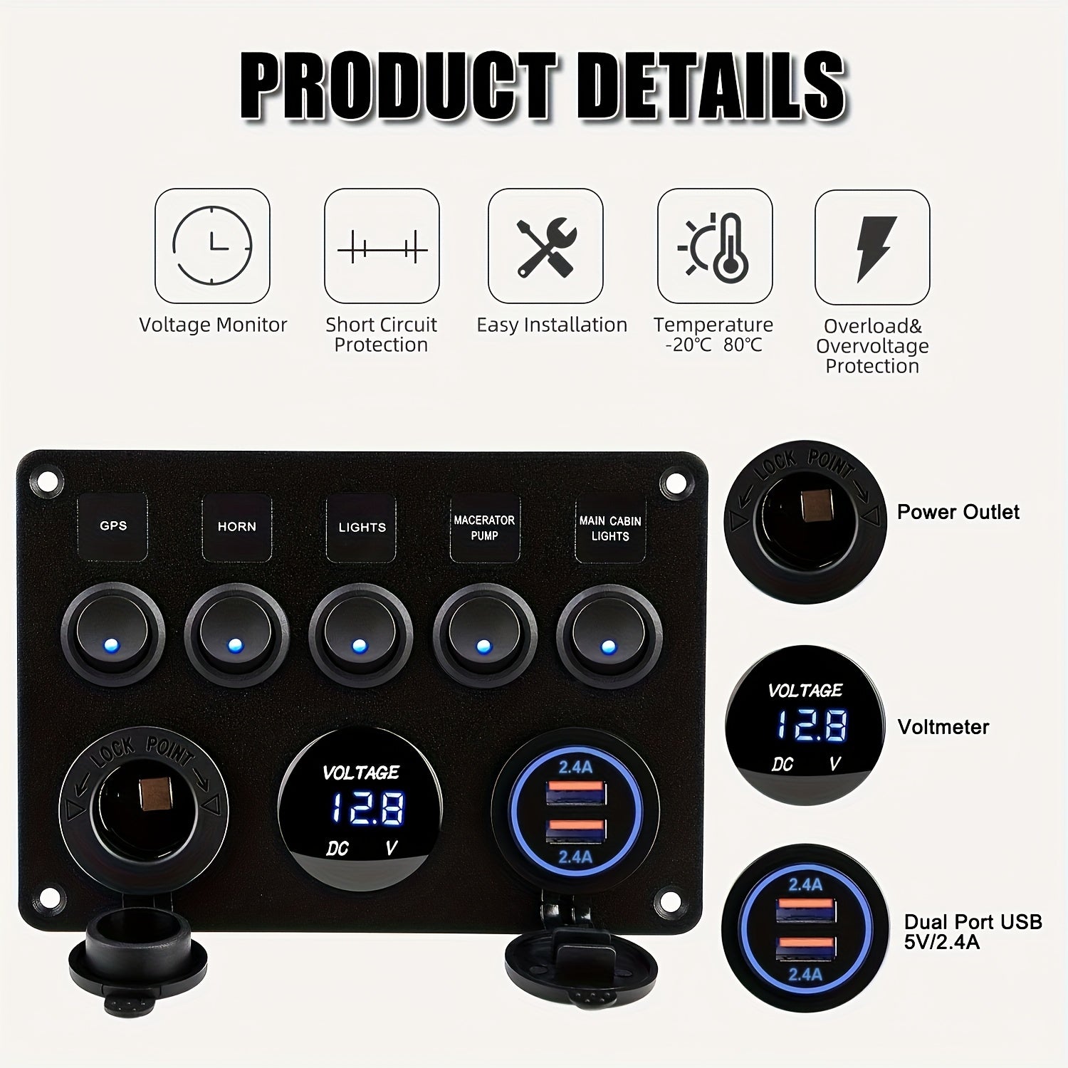 Ko‘p funksiyali roker kalit paneli USB zaryadkali volt o‘lchagich bilan avtomobil va yelkenli uchun