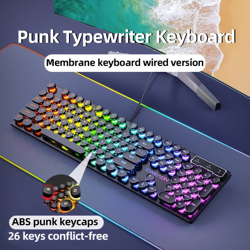 Teclado de juego con cable RGB retro punk ergonómico de 104 teclas para PC portátil