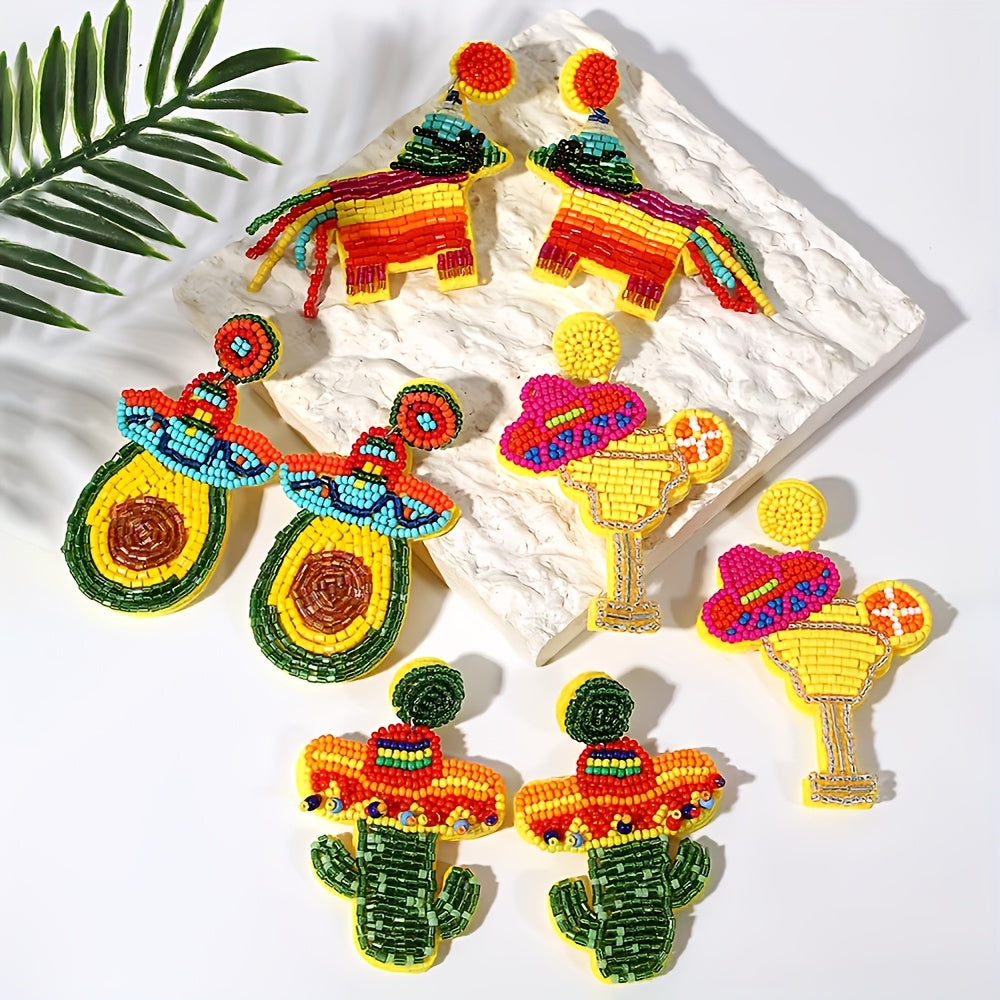 Pendientes bohemios de cactus con cuentas para mujeres, pasadores de acero inoxidable, diseño de planta vibrante