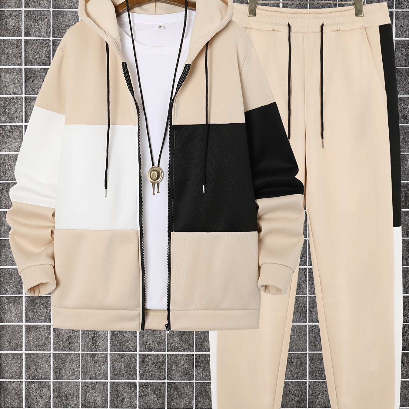 Erkaklar uchun Rangli Blokli Zip-Up Kapüşonli Kofta va Chiziqli Jogger To'plami - Kuz/Qish Tashqi Faoliyatlar uchun Mukammal, Mashinada Yuvish Mumkin Bo'lgan Odatiy Trikotaj Matolari