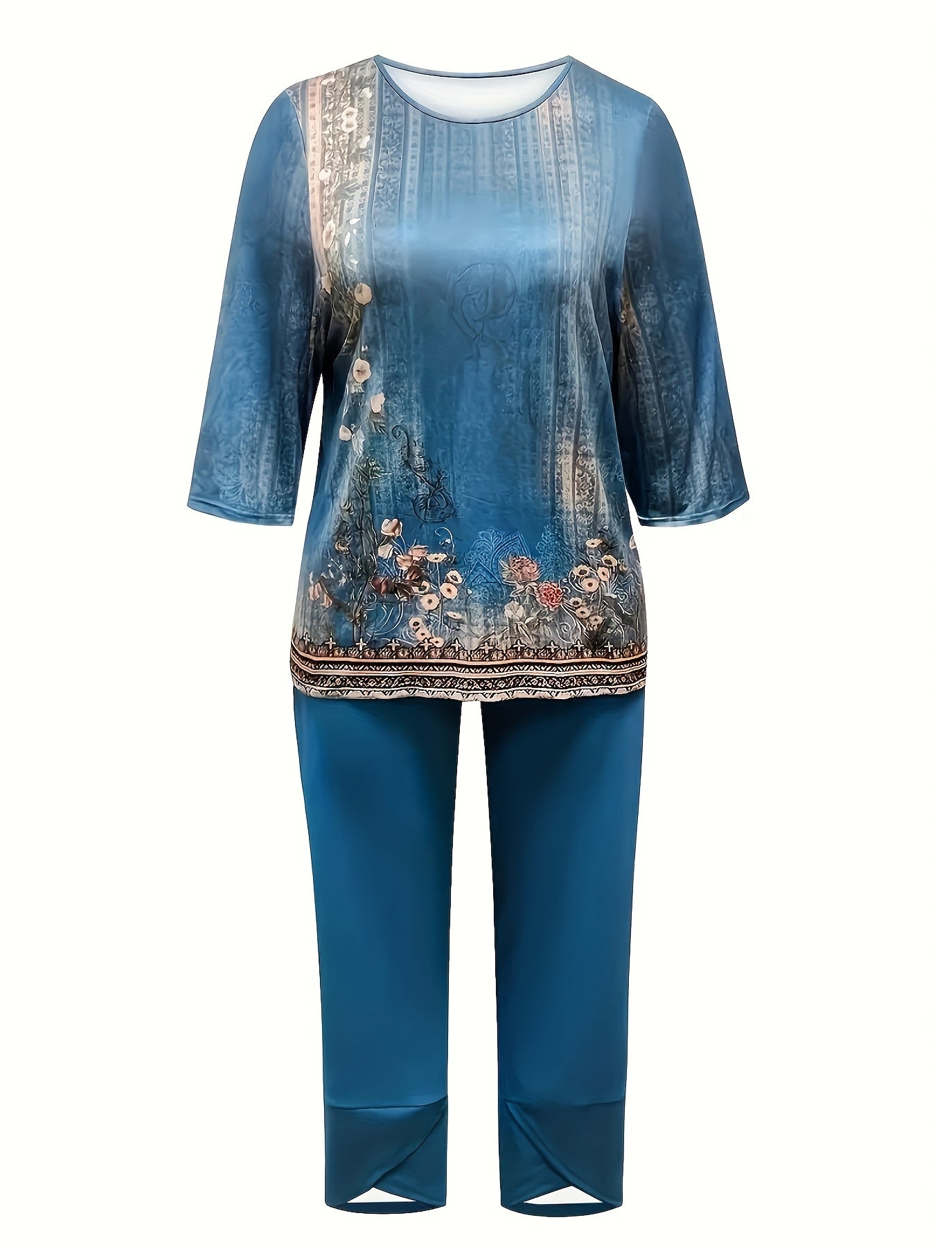 Gul naqshli ko'ylak to'plami, plus o'lchamda, polyester to'qima matodan tayyorlangan, biroz cho'ziladigan tasodifiy crew neck ko'ylak va shimlar to'plami. Ayollar uchun qulay pullover uslubidagi kiyim.