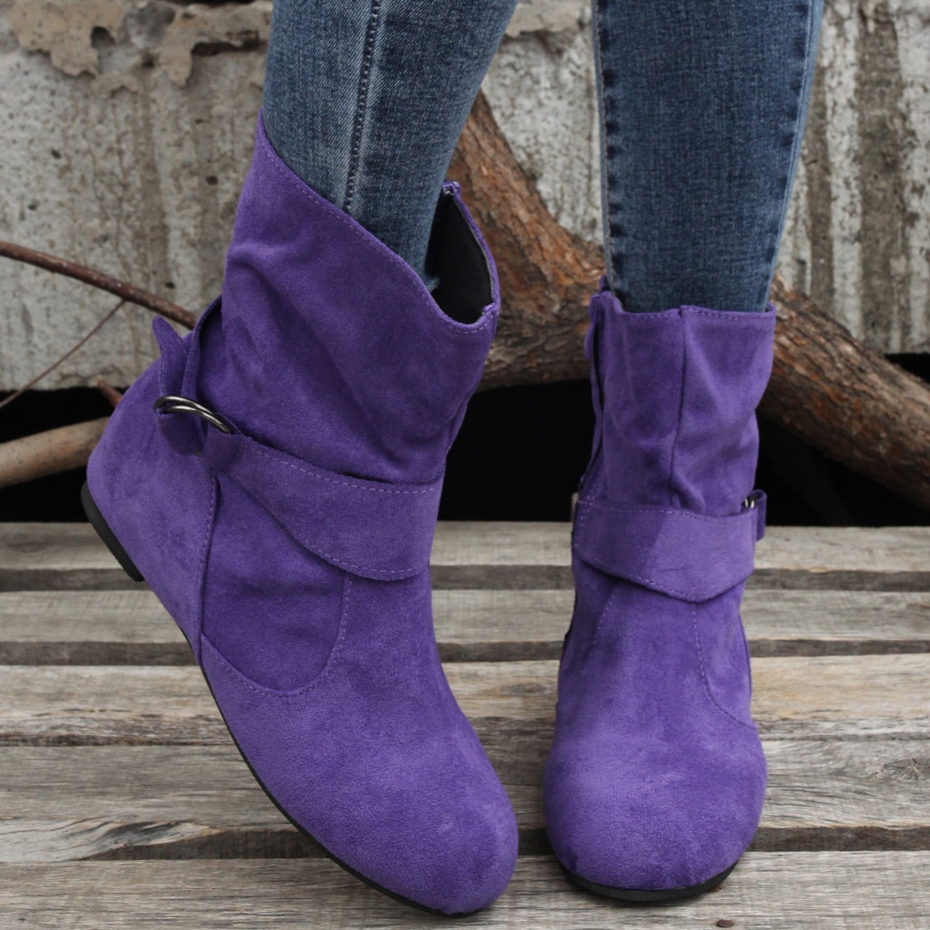 Women's Ankle Boots Solid Color Round Toe Buckle Side Zipper Outdoor Shoes