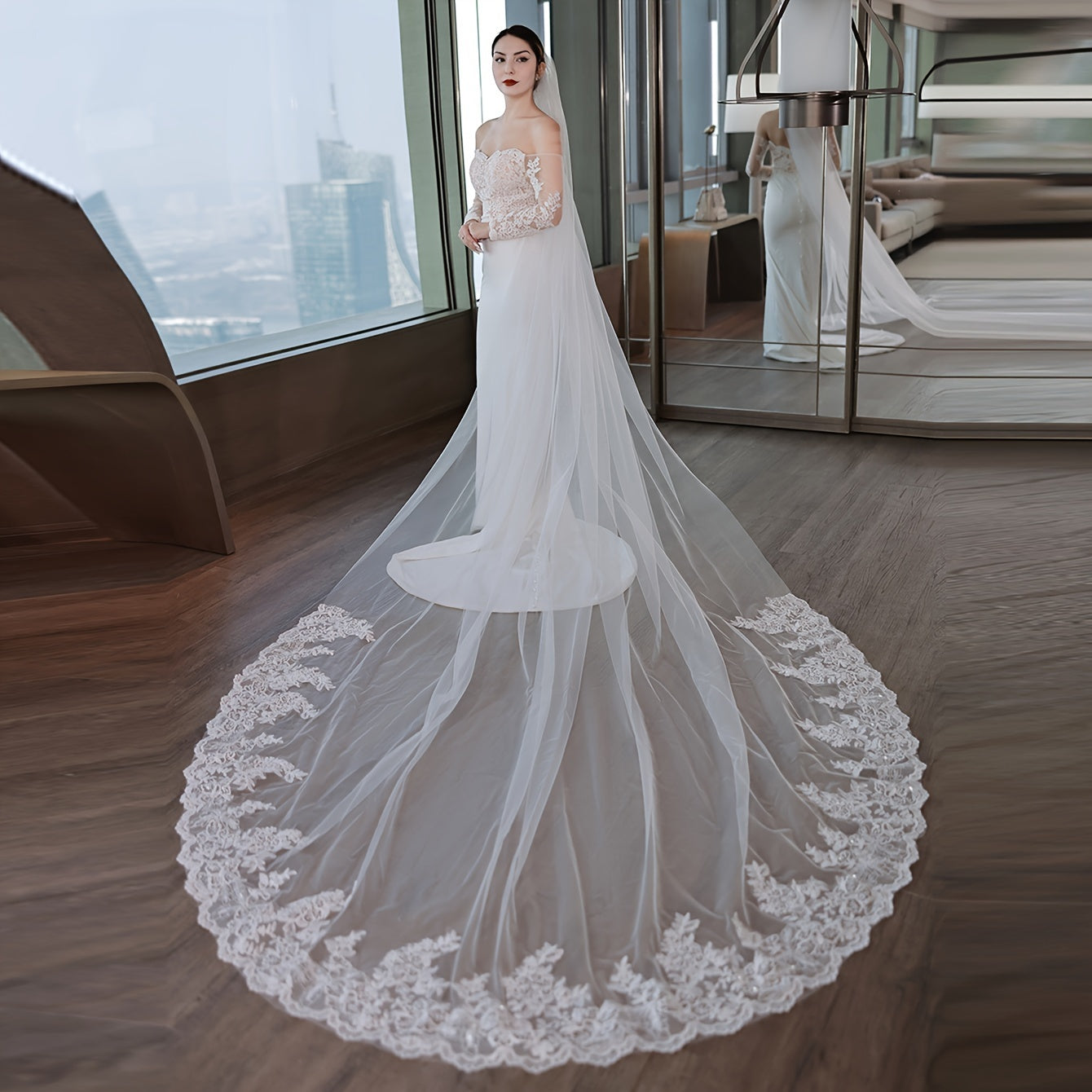 Velo de encaje para novia con cola larga, accesorio de boda estilo barroco