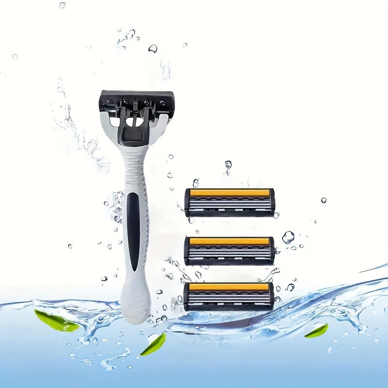 Premium 3-dona erkaklar xavfsizlik qirrish to'plami, o'tkir 3-qavatli pichoq, ergonomik dizayn, zanglamaydigan po'latdan yasalgan bosh va silliq qirqish uchun almashtiriladigan qismlar bilan, soqol, mo'ylov, qo'ltiq va oyoq sochlari uchun.