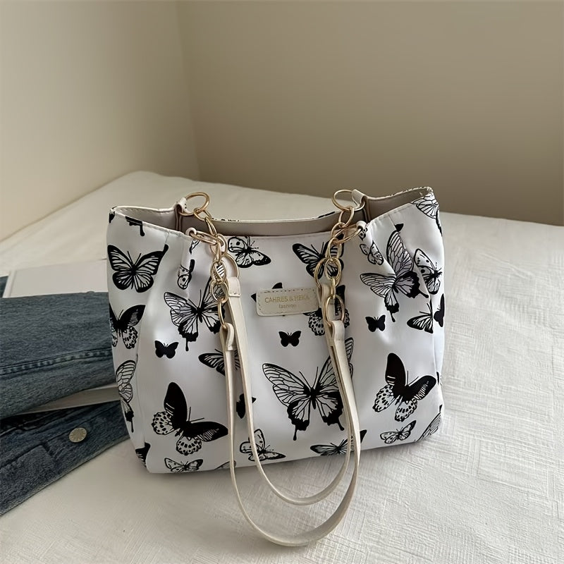 Women's Canvas Tote Bag with Floral Butterfly Design for Daily Use and Travel
