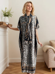 Plus o'lcham ayollar uchun kulrang leopard bosma batwing qo'lqopli maxi kiyinadigan kundalik va partiyali kiyim