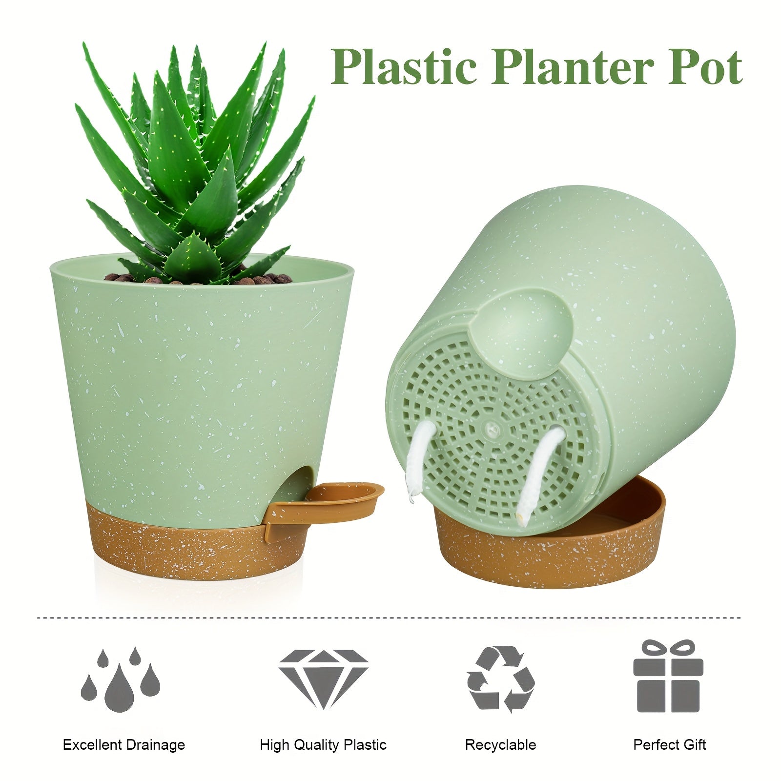 Set of 6 Modern Plastic Planters with Speckled Design Self-Watering Drainage Holes Indoor Outdoor