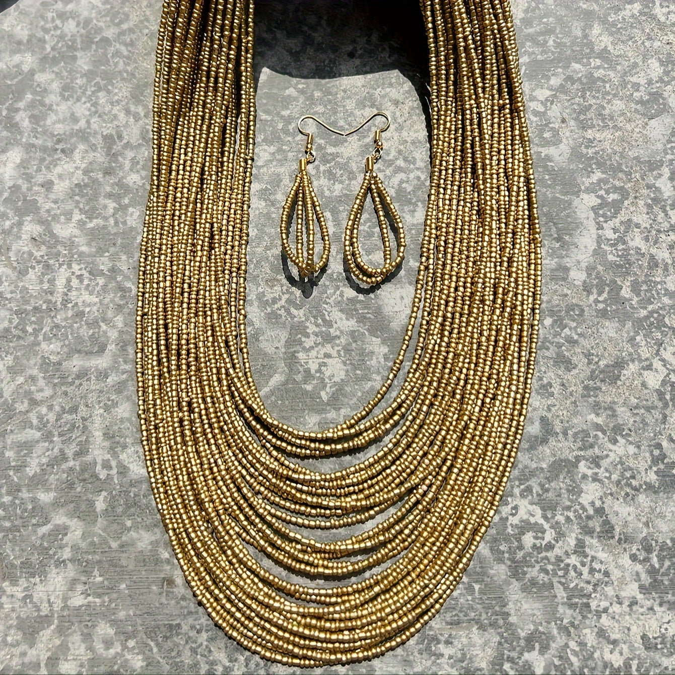 Bohemian Style 3-Piece Jewelry Set with Gold Beaded Necklace and Earrings