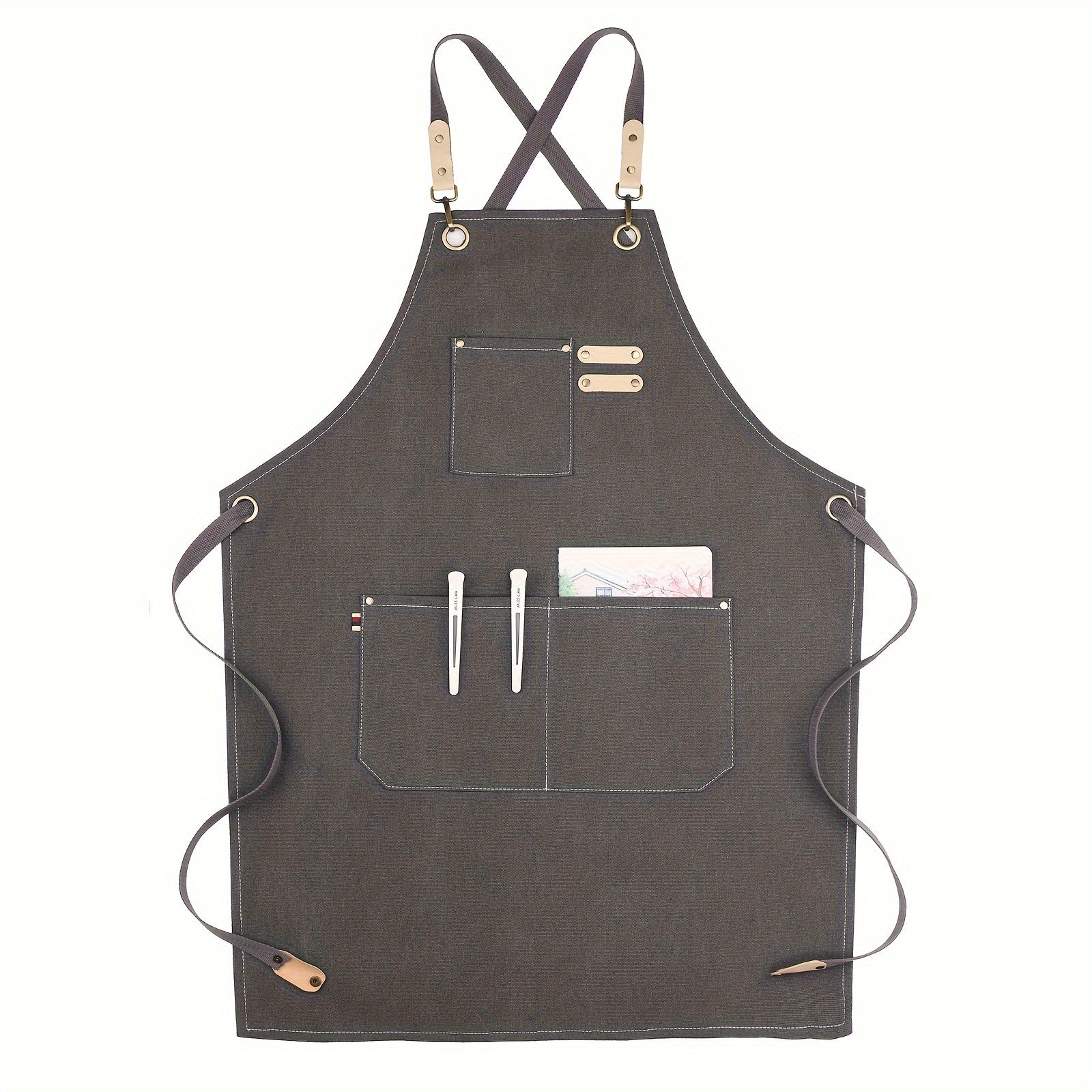 Moslashuvchan kamarlar va ko‘p bo‘shliq bilan jigarrang kanvas apron, oshxona uchun