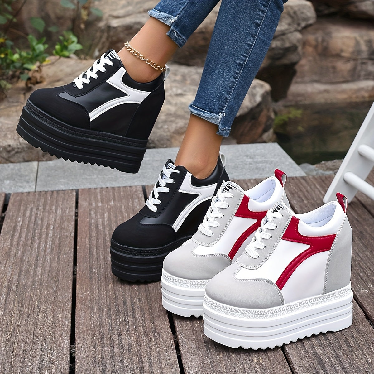 Women's Fashion Sneakers Casual Lace-Up Shoes with Thick Sole and High Heels