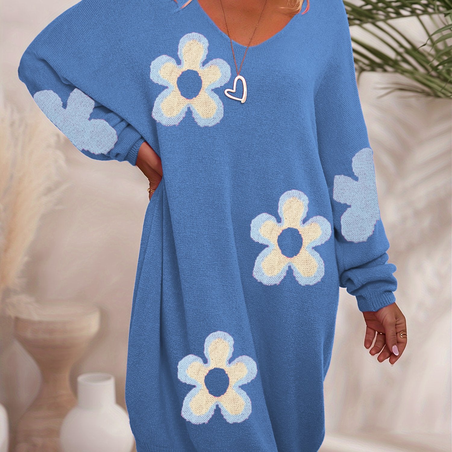 Plus Size Women's Floral Print V-Neck Sweater Knitwear All-Season Comfort