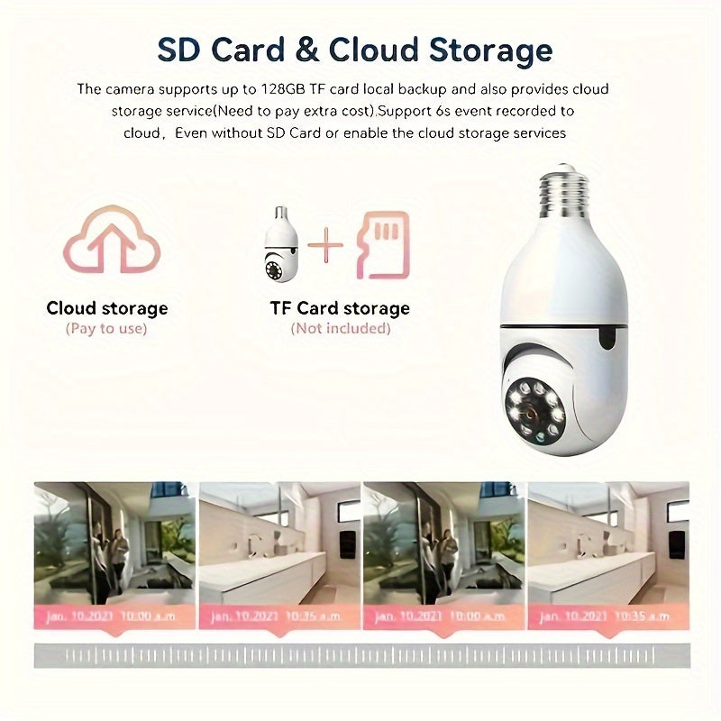 WiFi Light Bulb Security Camera 360° Pan/Tilt Two-Way Audio Cloud SD Storage White
