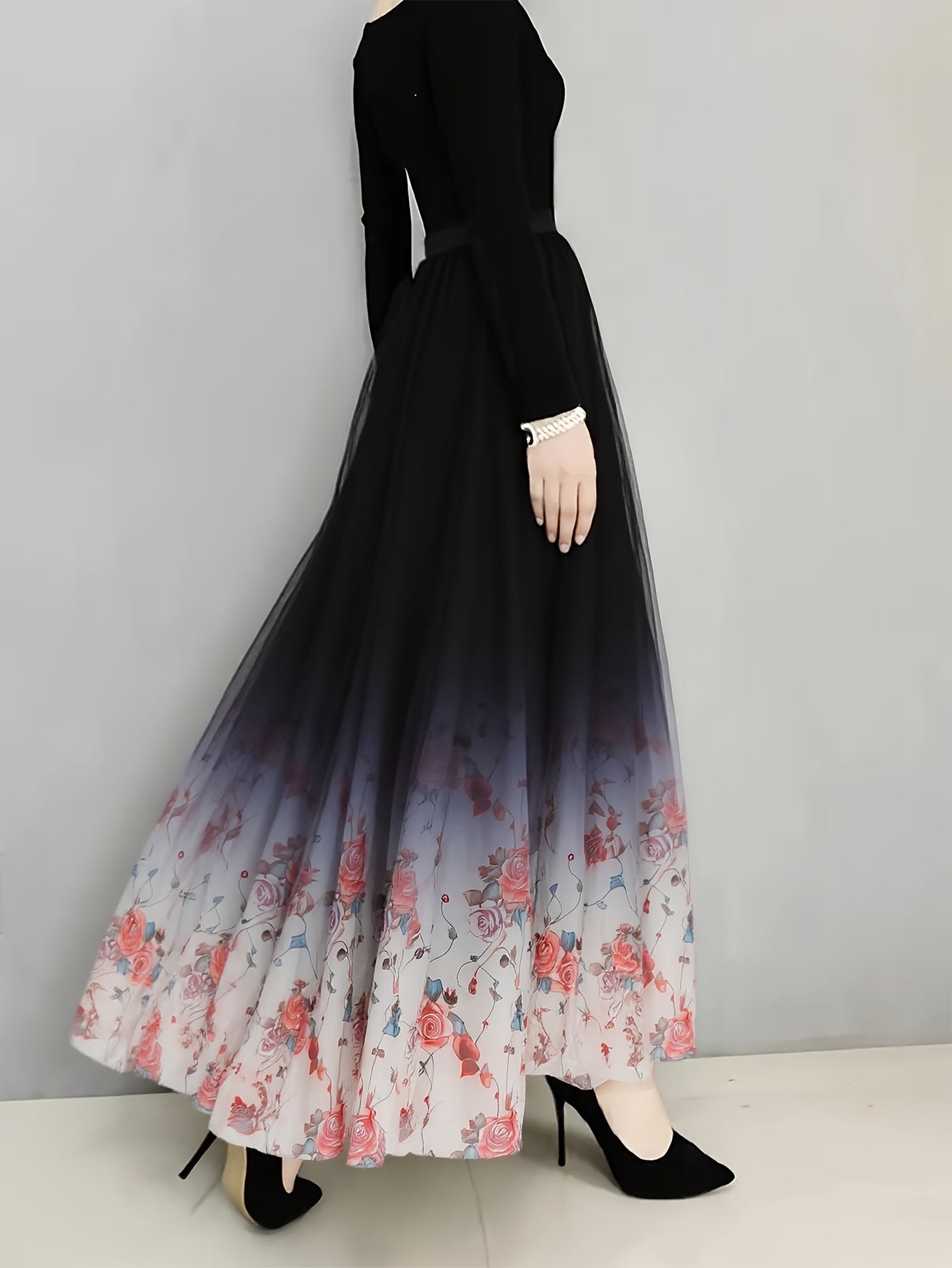 Plus Size Women's Floral Tulle Overlay A-Line Maxi Skirt Black White Elegant