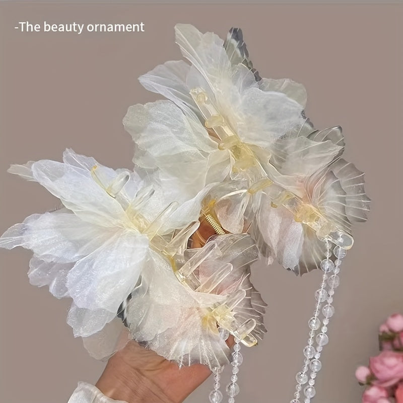 Stylish Blue and White Butterfly Tassel Hair Claw Boho Oversized Shark Clip