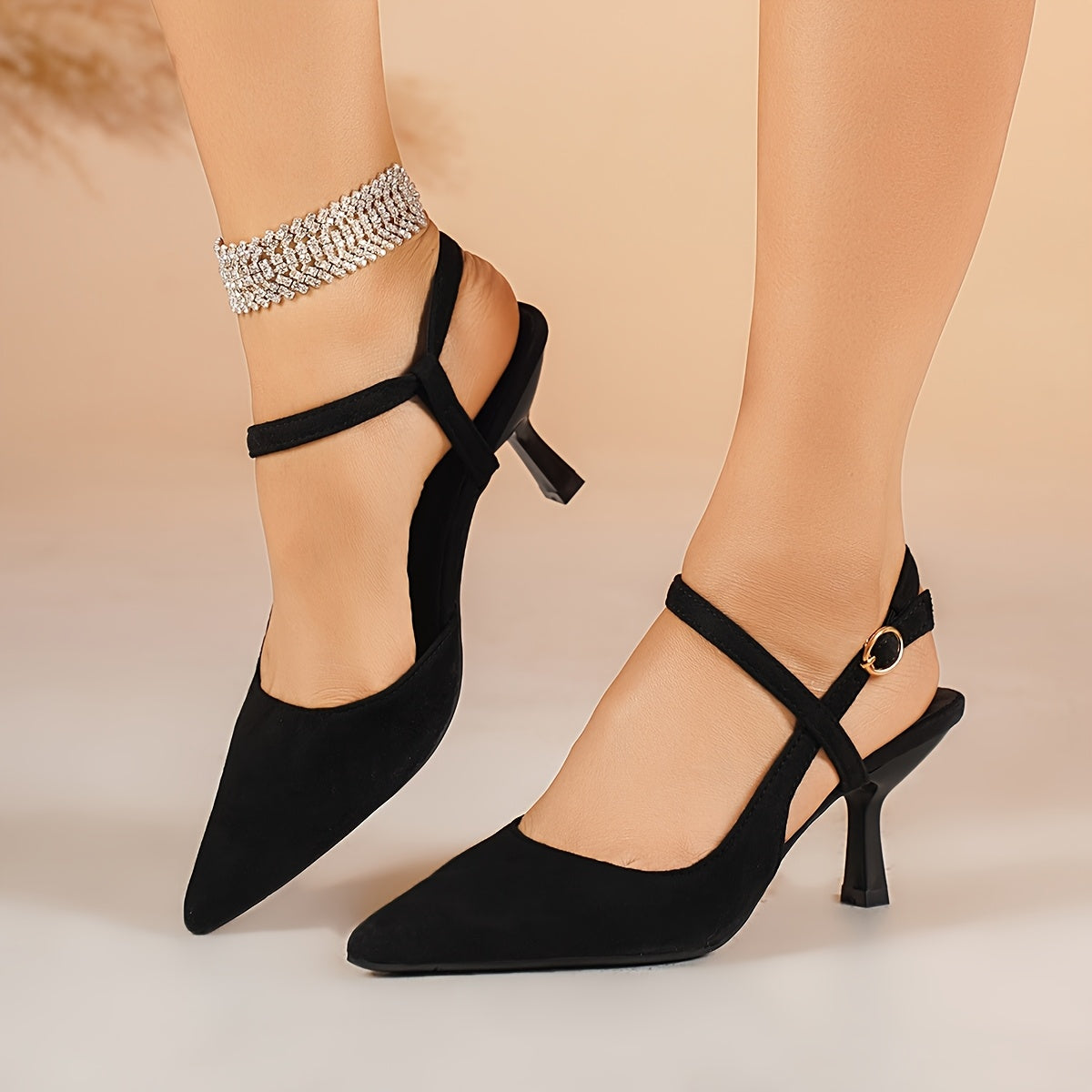 Women's Black Pointed Toe Stiletto Heels with Ankle Strap for Weddings Parties