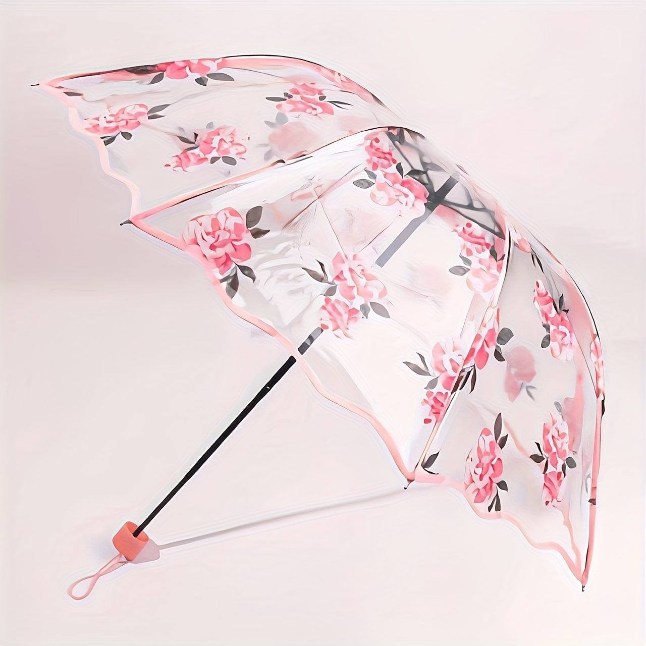 Transparent PVC Tri-Fold Butterfly Rose Umbrella with Arched Handle
