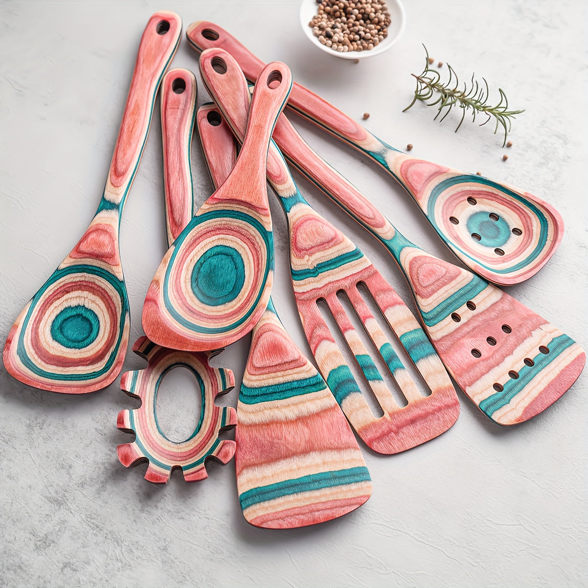 Pink Wooden Kitchen Utensil Set 7-Piece Non-Stick Heat-Resistant Cooking Tools